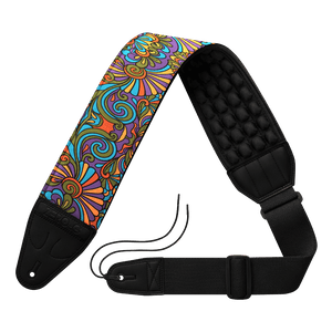 Colorful patterned guitar strap with black padding on a transparent background Midnight Mantra ZERO-G Pro guitar and bass strap by CFG Cable Free Guitar neoprene padded comfort no pain strap belt weight high quality high-end aircell cushion 3d
