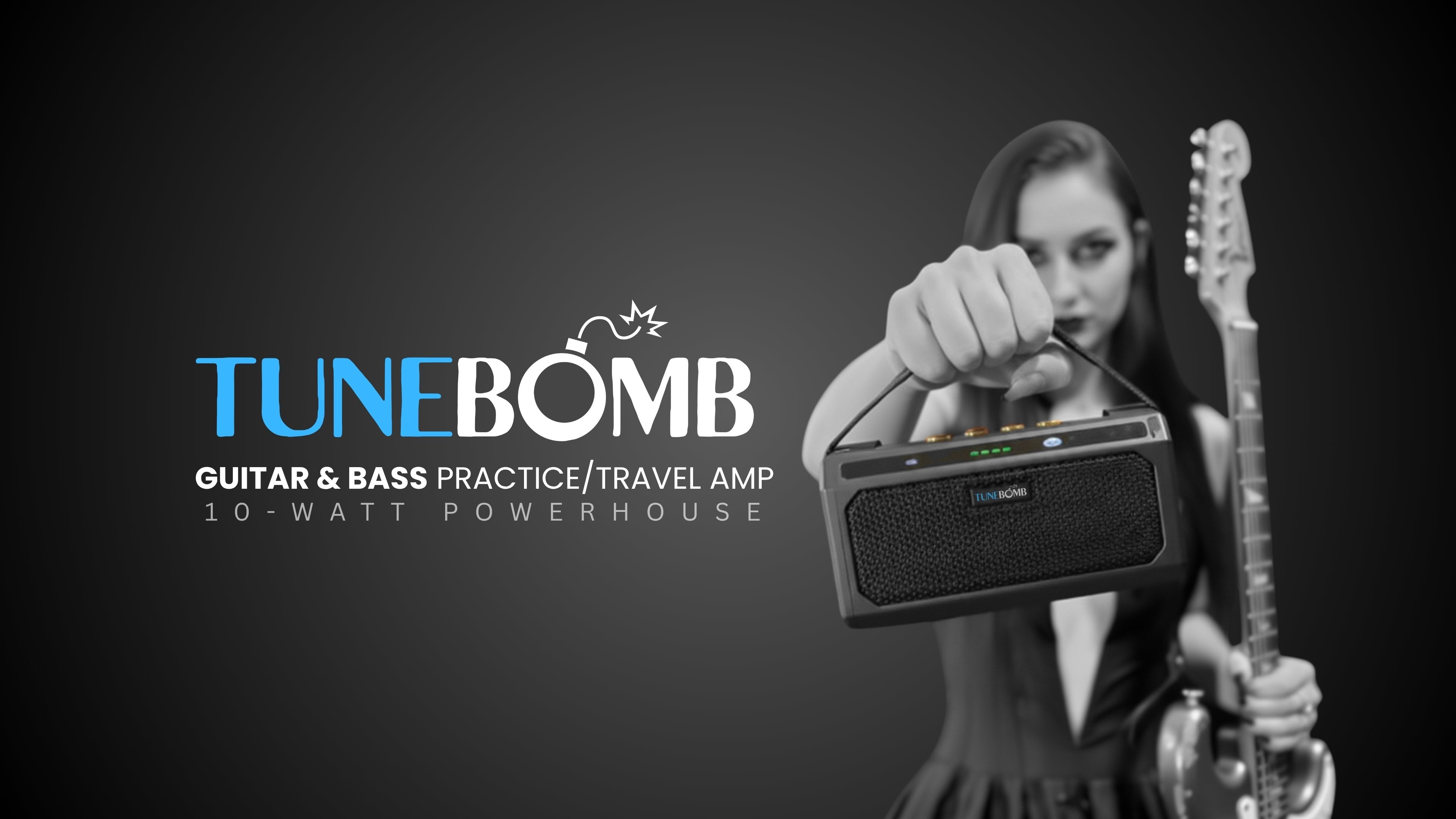 CFG cable free guitar TuneBomb guitar and bass practice travel amp 10-watt powerhouse, female guitarist holding the mini amp and electric guitar