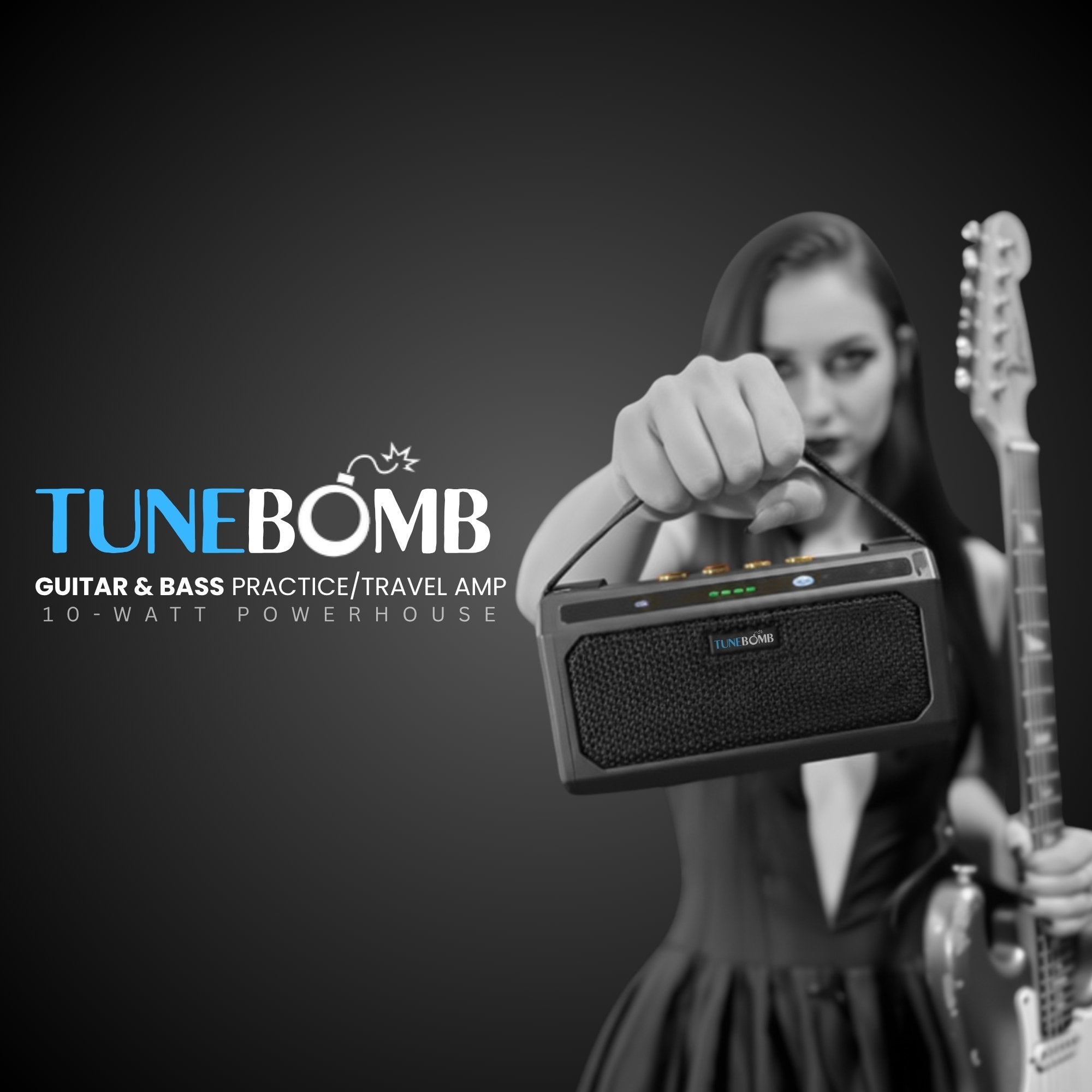 CFG cable free guitar TuneBomb guitar and bass practice travel amp 10-watt powerhouse, female guitarist holding the mini amp and electric guitar