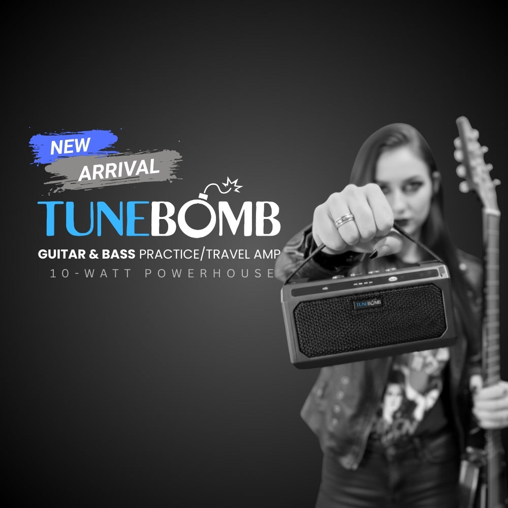 Person holding a guitar and a TuneBomb amp with promotional text on a dark background New arrival CFG cable free guitar TuneBomb guitar and bass practice travel amp 10-watt powerhouse, female guitarist in leather jacket holding the mini amp and electric guitar