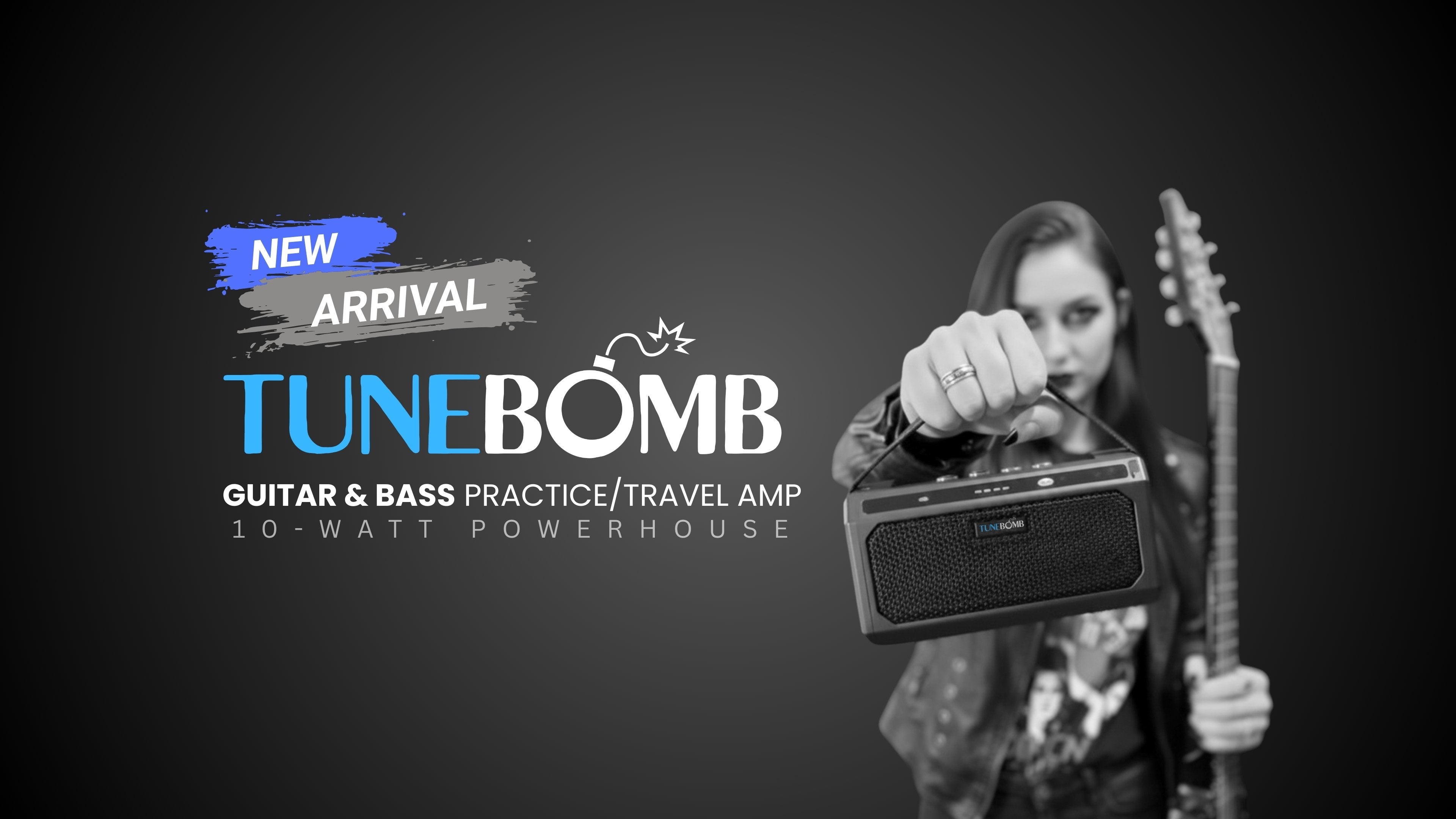 Person holding a guitar and a TuneBomb amp with promotional text on a dark background New arrival CFG cable free guitar TuneBomb guitar and bass practice travel amp 10-watt powerhouse, female guitarist in leather jacket holding the mini amp and electric guitar