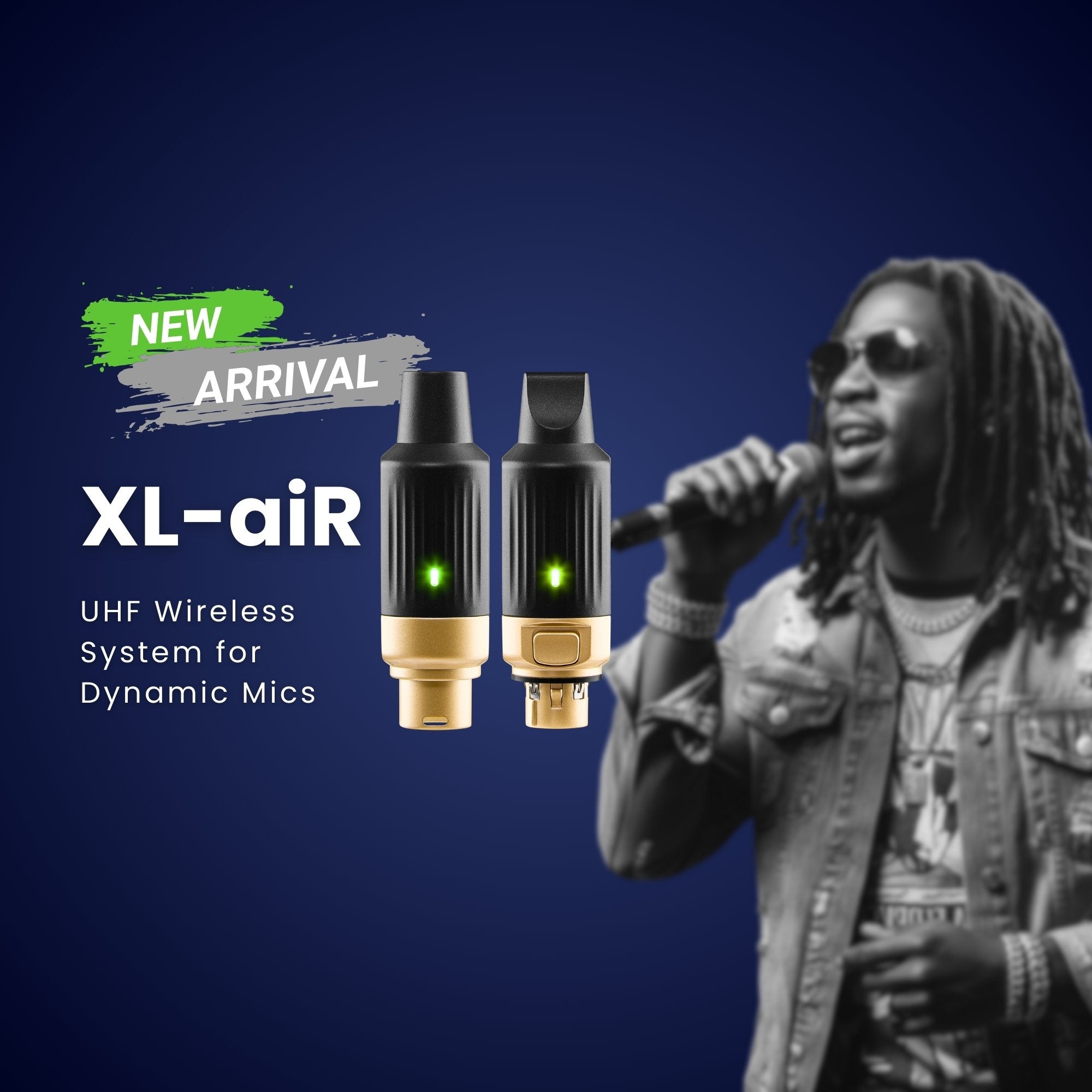 XL-air UHF wireless system for dynamic microphones with a person holding a microphone on a blue background New arrival CFG cable free guitar XL-aiR UHF wireless system for dynamic mic mics microphone