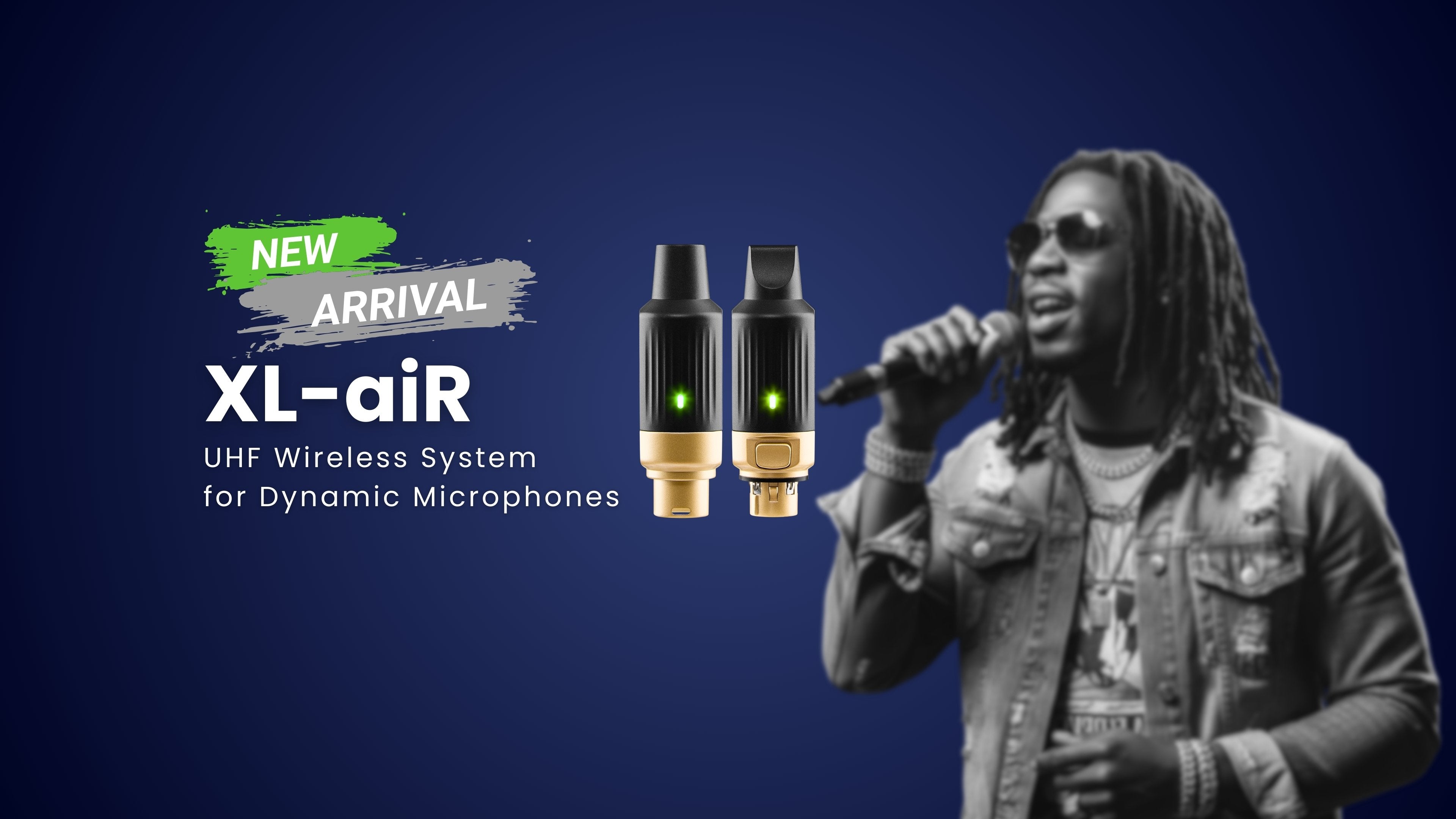 XL-air UHF wireless system for dynamic microphones with a person holding a microphone on a blue background New arrival CFG cable free guitar XL-aiR UHF wireless system for dynamic mic mics microphone