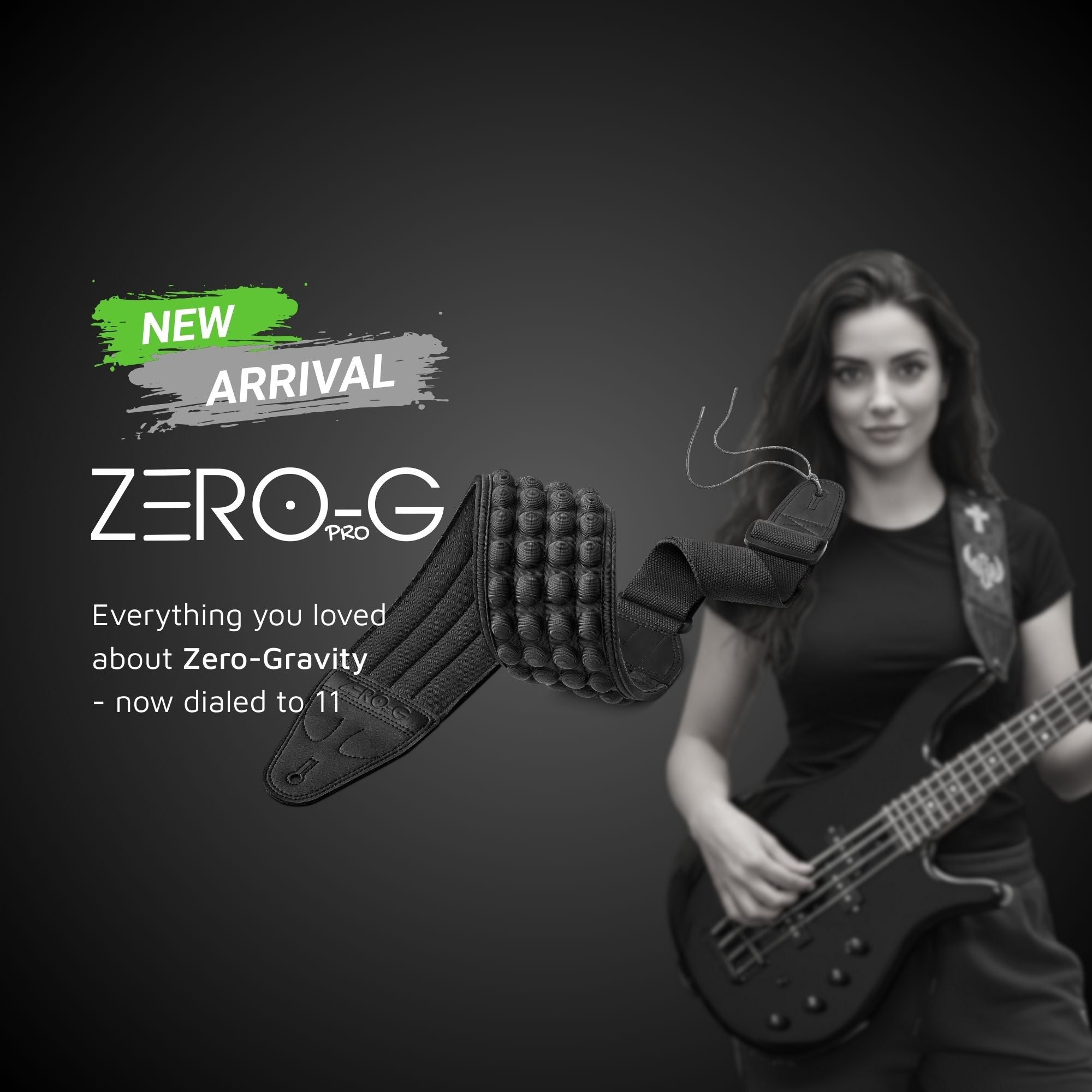Woman holding a bass guitar with 'Zero-G' branding on a dark background New arrival CFG cable free guitar ZERO-G Pro Zero Gravity guitar and bass strap belt
