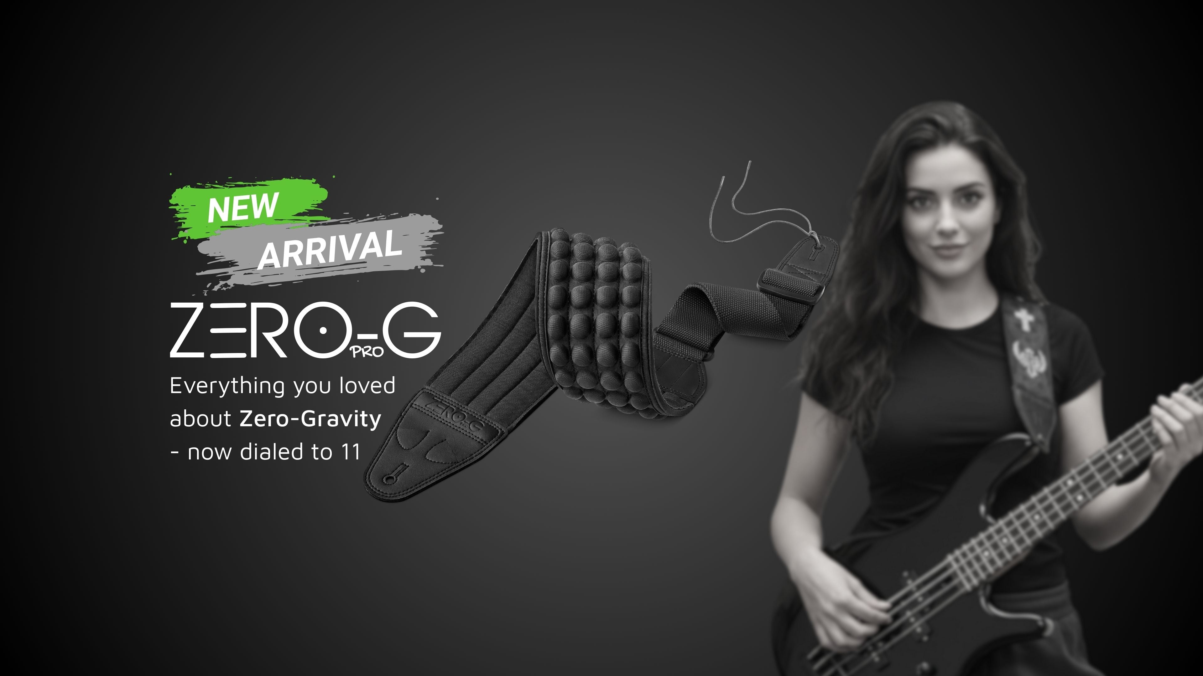 Woman holding a bass guitar with 'Zero-G' branding on a dark background New arrival CFG cable free guitar ZERO-G Pro Zero Gravity guitar and bass strap belt
