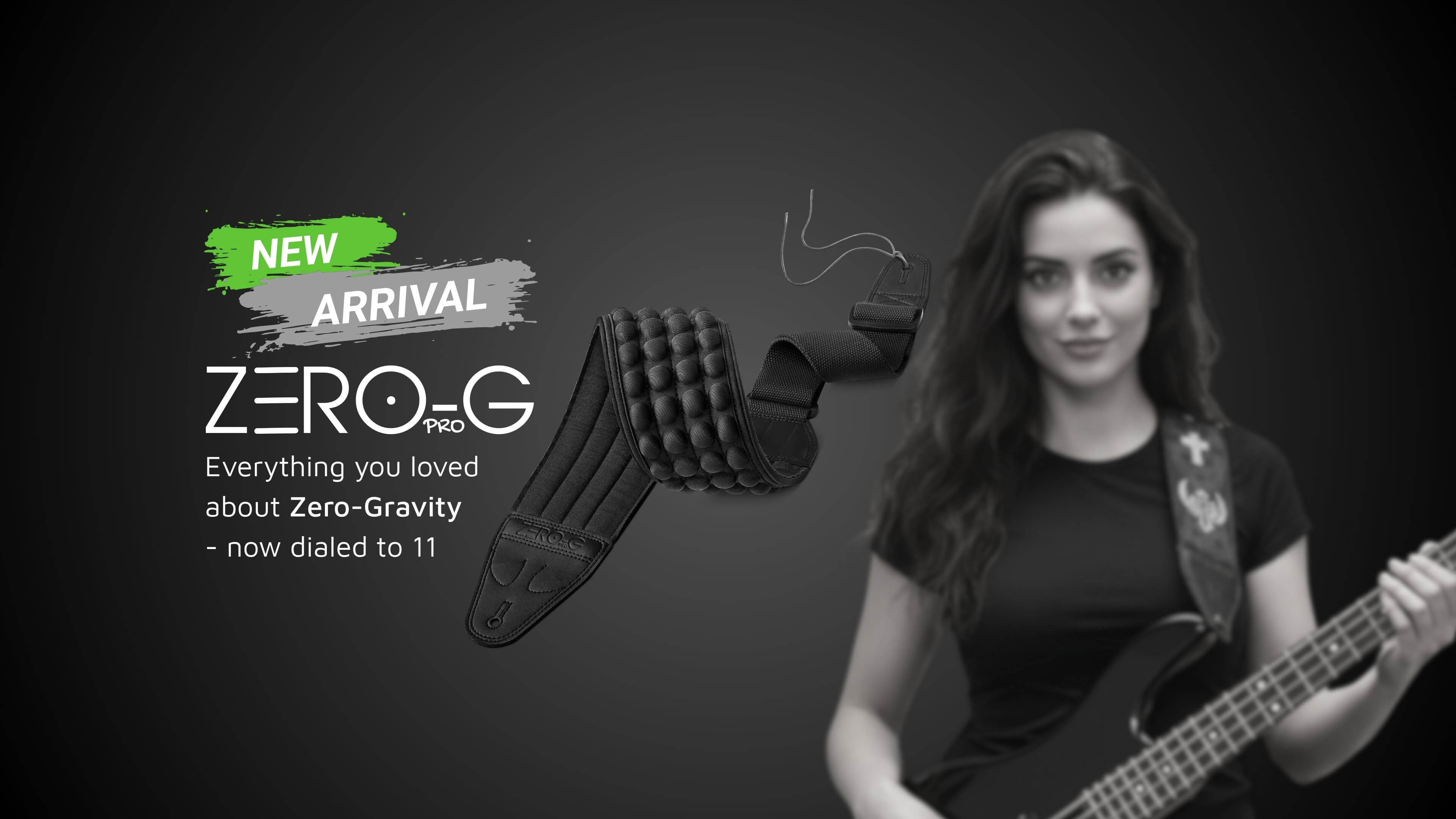 Woman playing bass guitar with Zero-G guitar strap on a dark background New arrival CFG cable free guitar ZERO-G Pro Zero Gravity guitar and bass strap belt