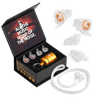 CFG Cable Free Guitar (CFG) PureNote High-Fidelity (Hi-Fi) Musicians' Earplugs set, featuring a waterproof protective carry case, two different shell sizes (Standard & Small), high-fidelity earplug filters providing 23dB noise reduction (NRR 19dB), and a PureNote earplug connector cord. Designed for musicians to protect hearing without compromising sound clarity