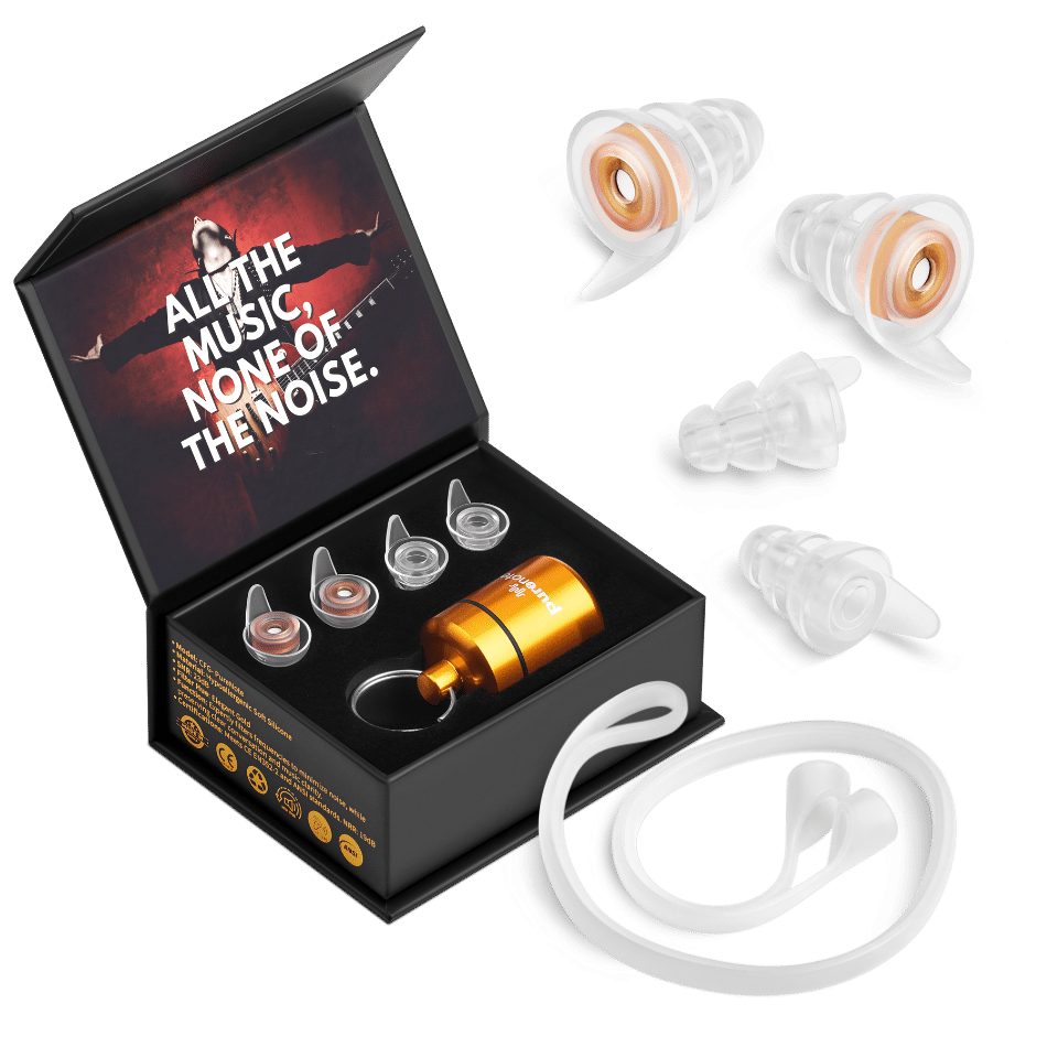 CFG Cable Free Guitar (CFG) PureNote High-Fidelity (Hi-Fi) Musicians' Earplugs set, featuring a waterproof protective carry case, two different shell sizes (Standard & Small), high-fidelity earplug filters providing 23dB noise reduction (NRR 19dB), and a PureNote earplug connector cord. Designed for musicians to protect hearing without compromising sound clarity