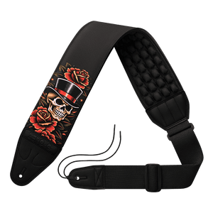 Black guitar strap with skull and rose design on a black background Voodoo Vodou Soul ZERO-G Pro guitar and bass strap by CFG Cable Free Guitar neoprene padded comfort no pain strap belt weight high quality high-end aircell cushion 3d