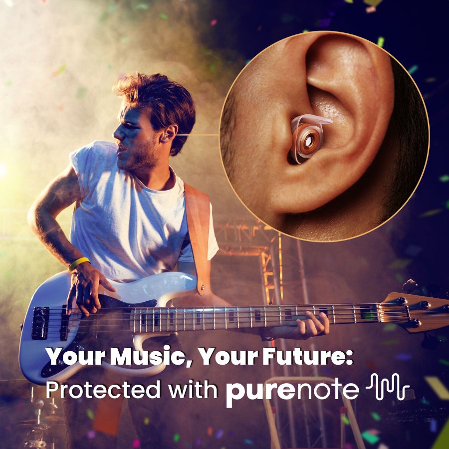 CFG Cable Free Guitar (CFG) PureNote High-Fidelity (Hi-Fi) Musicians' Earplugs set, featuring a waterproof protective carry case, two different shell sizes (Standard & Small), high-fidelity earplug filters providing 23dB noise reduction (NRR 19dB), and a PureNote earplug connector cord. Designed for musicians to protect hearing without compromising sound clarity