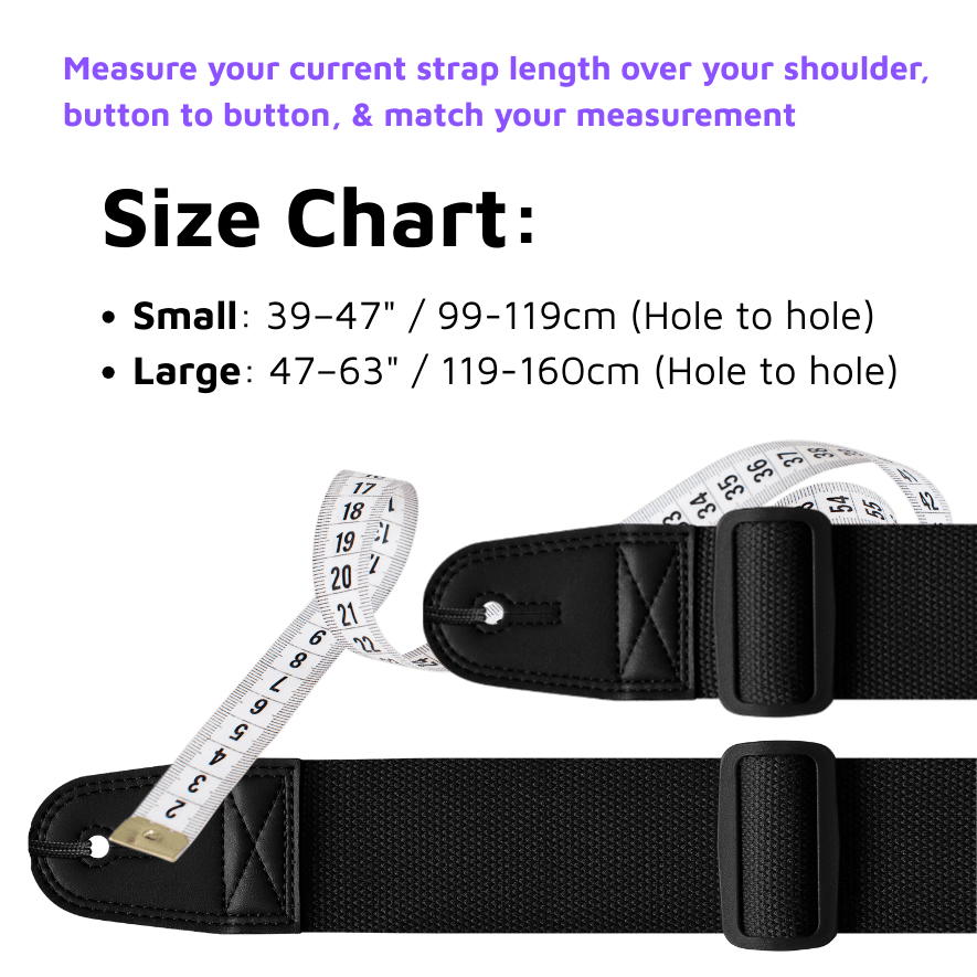 Black guitar strap with measurement chart on a green background ZERO-G Pro guitar and bass strap by CFG Cable Free Guitar neoprene padded comfort no pain strap belt weight high quality high-end aircell cushion 3d