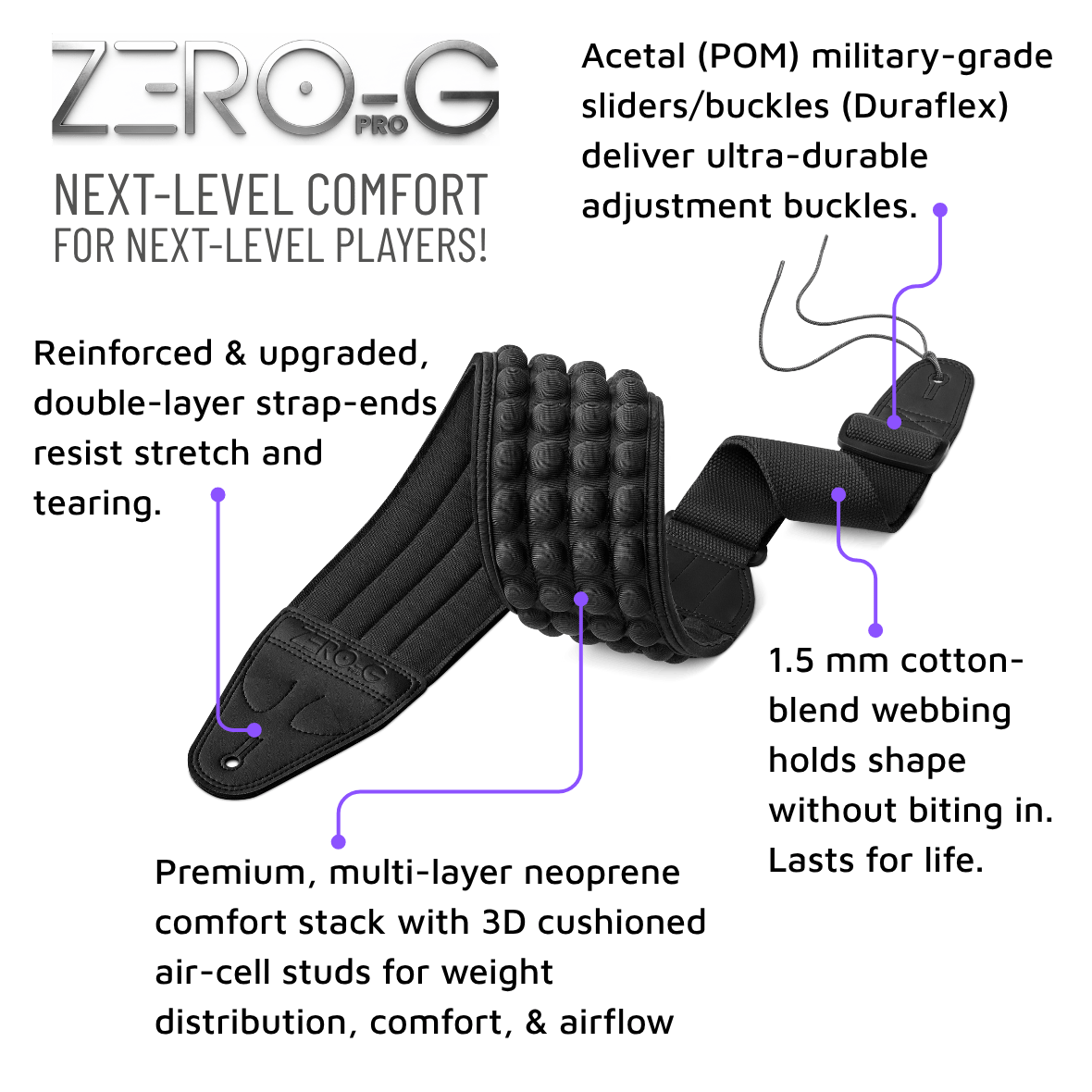 Black guitar and bass strap belt with text detailing features on a green background ZERO-G Pro guitar and bass strap by CFG Cable Free Guitar neoprene padded comfort no pain strap belt weight high quality high-end aircell cushion 3d
