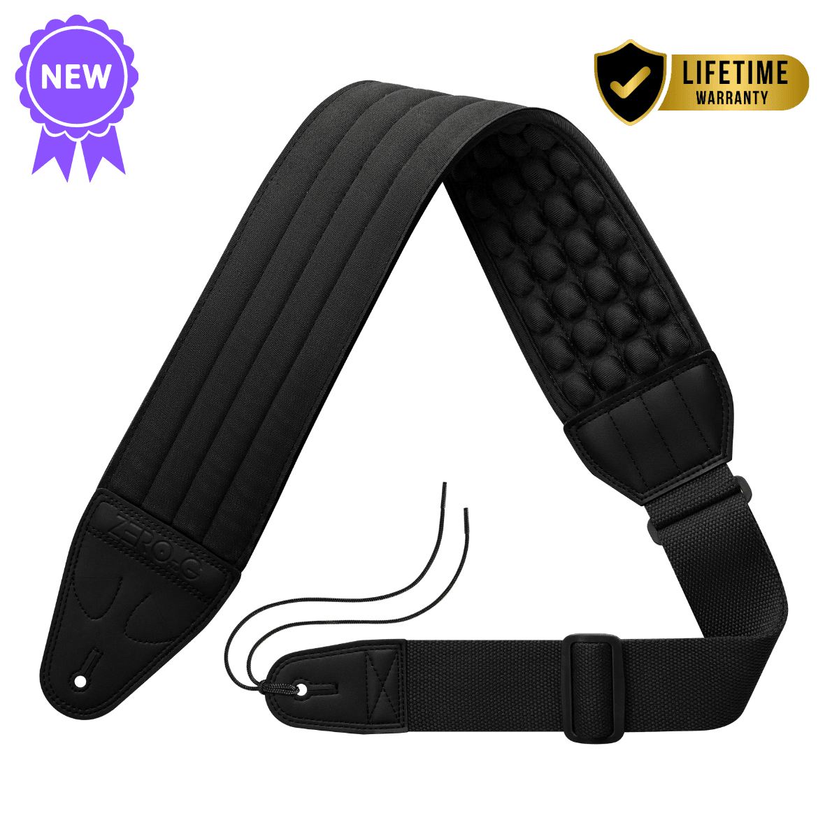 Black guitar strap with quilted padding on a transparent background ZERO-G Pro guitar and bass strap by CFG Cable Free Guitar neoprene padded comfort no pain strap belt weight high quality high-end aircell cushion 3d