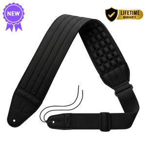 Black guitar strap with quilted padding on a transparent background ZERO-G Pro guitar and bass strap by CFG Cable Free Guitar neoprene padded comfort no pain strap belt weight high quality high-end aircell cushion 3d