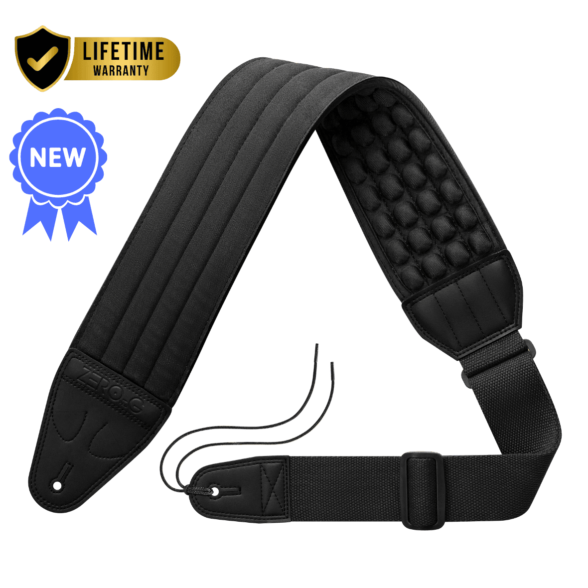 Black guitar strap with quilted padding on a transparent background ZERO-G Pro guitar and bass strap by CFG Cable Free Guitar neoprene padded comfort no pain strap belt weight high quality high-end aircell cushion 3d