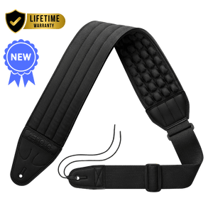 Black guitar strap with quilted padding on a transparent background ZERO-G Pro guitar and bass strap by CFG Cable Free Guitar neoprene padded comfort no pain strap belt weight high quality high-end aircell cushion 3d