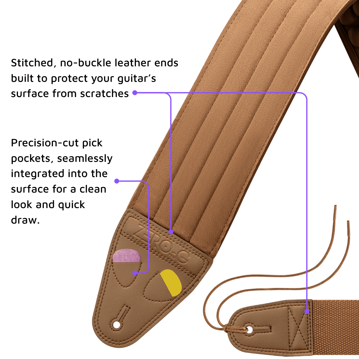 Brown guitar strap with stitching details on a green background ZERO-G Pro guitar and bass strap by CFG Cable Free Guitar neoprene padded comfort no pain strap belt weight high quality high-end aircell cushion 3d