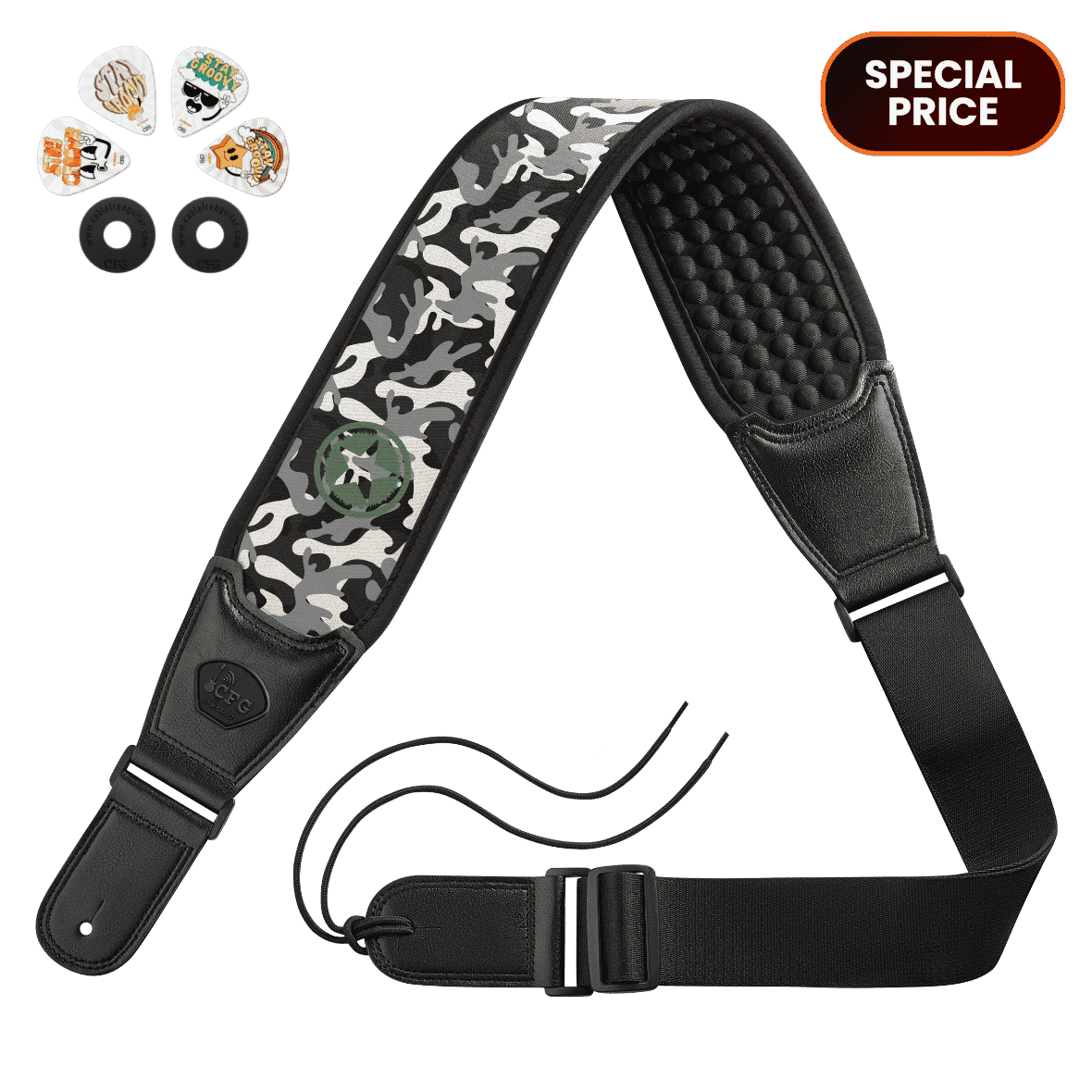 Camouflage-patterned guitar strap with accessories on a green background camouflage CFG cable free guitar zero gravity strap for guitar and bass product picture 