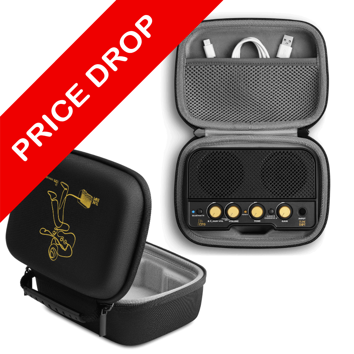Black electronic device in a gray carrying case with 'Price Drop' text on a red background cfg cable free guitar tuneboy carry case mini amp practice amplifier for guitar and bass 