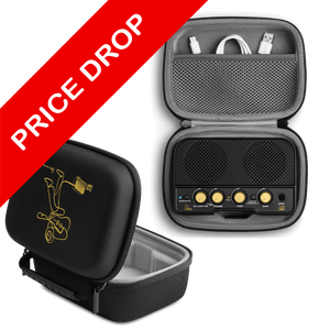 Black electronic device in a gray carrying case with 'Price Drop' text on a red background cfg cable free guitar tuneboy carry case mini amp practice amplifier for guitar and bass 