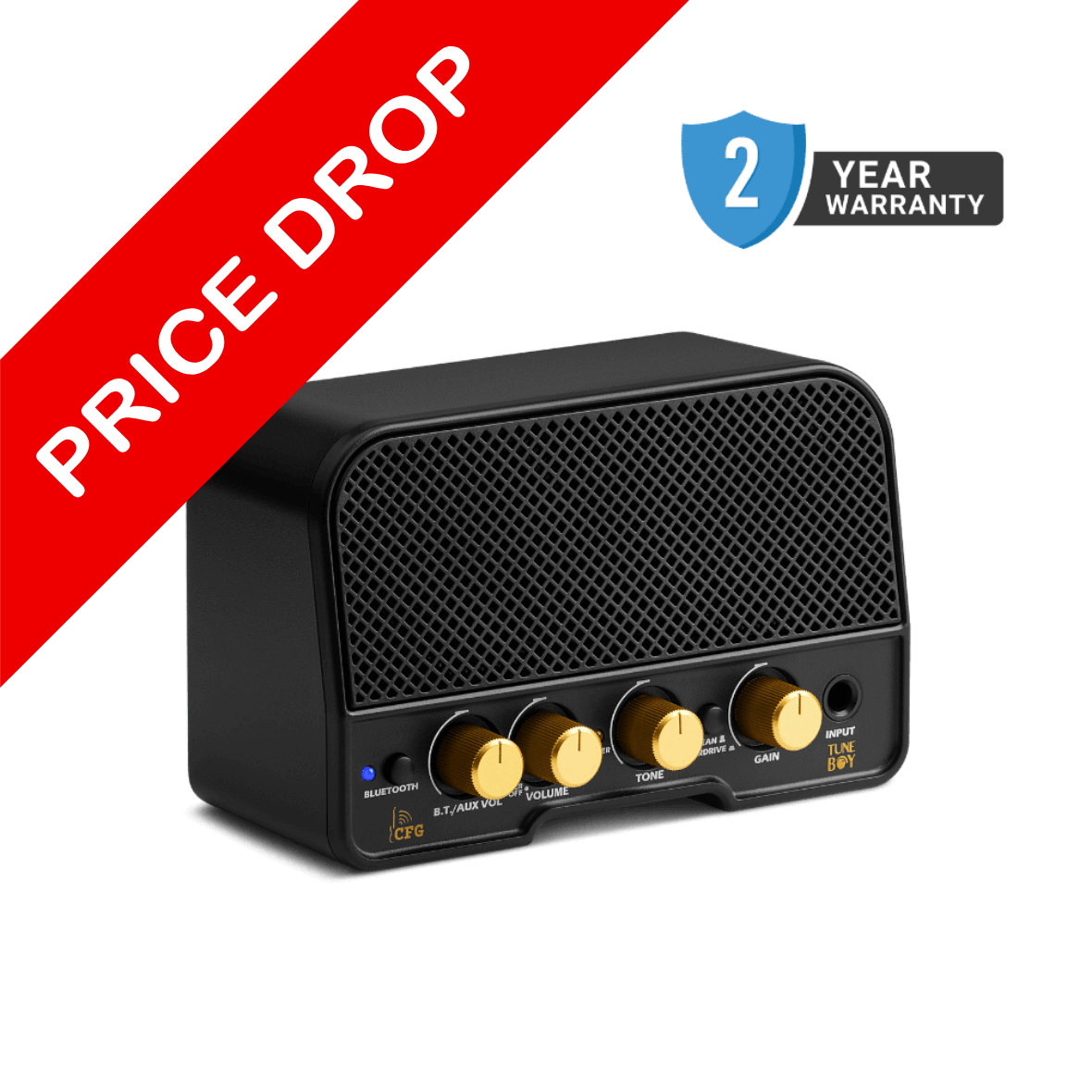 Black amplifier with gold knobs on a black background, featuring 'Price Drop' and '2 Year Warranty' text. cfg cable free guitar tuneboy mini amp practice amplifier for guitar and bass 