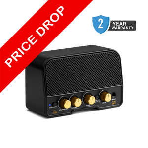 Black amplifier with gold knobs on a black background, featuring 'Price Drop' and '2 Year Warranty' text. cfg cable free guitar tuneboy mini amp practice amplifier for guitar and bass 