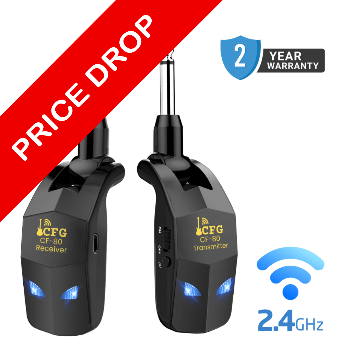 Two wireless transmitter and receiver sets with CFG branding on a black background, featuring 'Price Drop' and '2 Year Warranty' text cfg cable free guitar wireless systems for guitar and bass CF-80 CF80 CF 80 2.4ghz