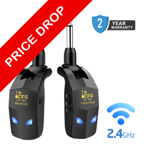 Two wireless transmitter and receiver sets with CFG branding on a black background, featuring 'Price Drop' and '2 Year Warranty' text cfg cable free guitar wireless systems for guitar and bass CF-80 CF80 CF 80 2.4ghz