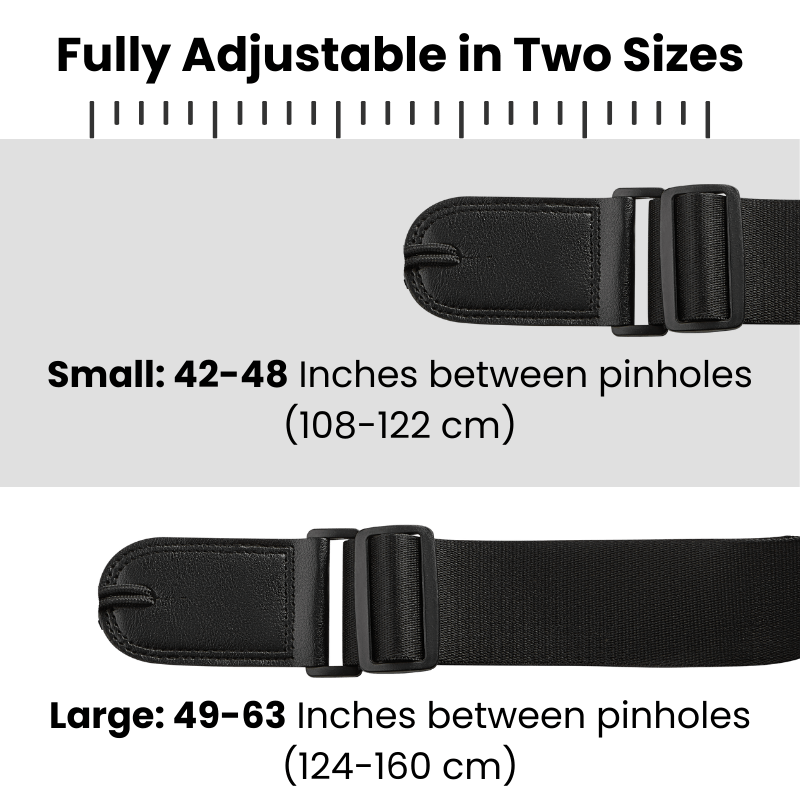guitar strap Black belt with adjustable sizing information on a green and gray background cfg cable free guitar zero gravity strap belt