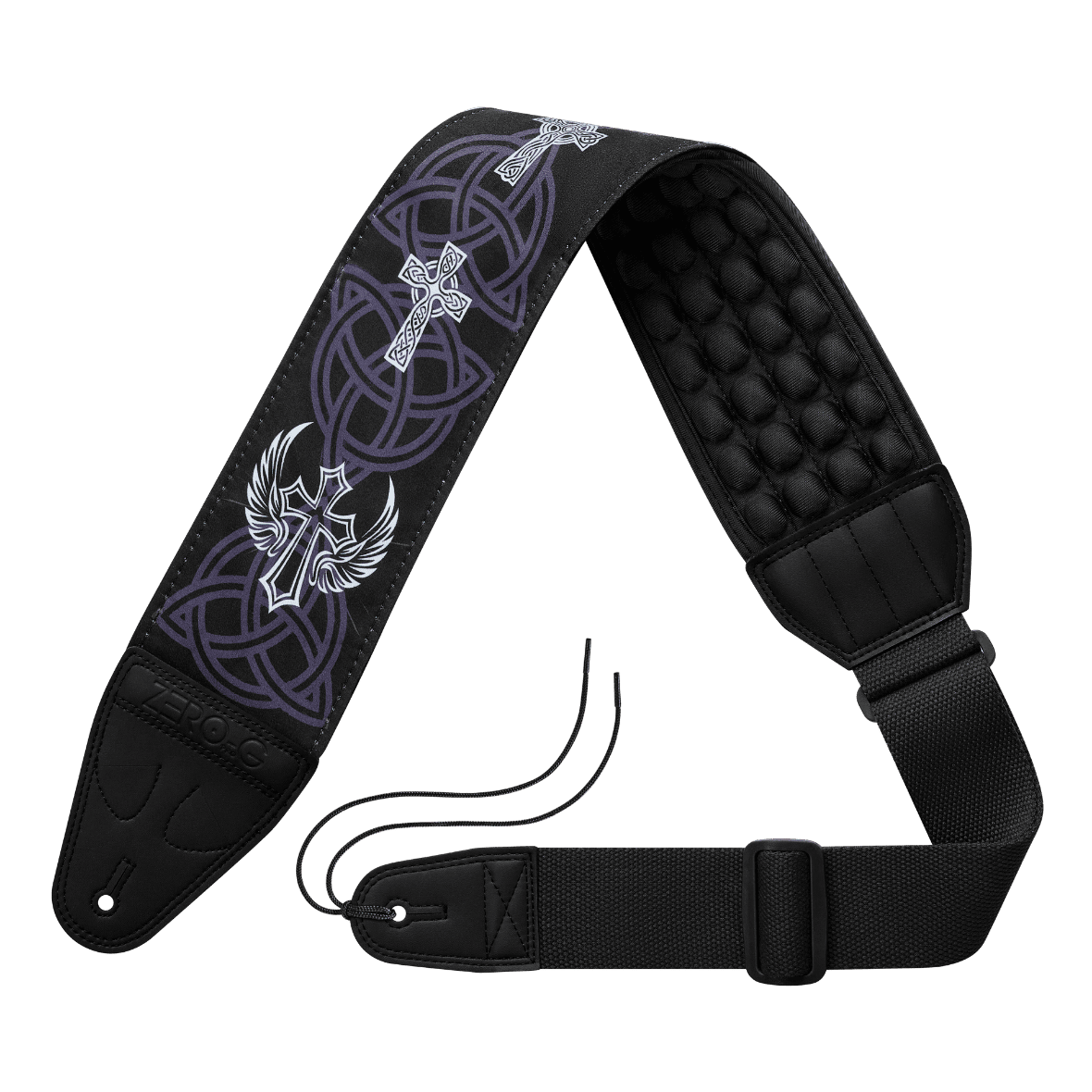 Black guitar strap with Celtic cross designs on a white background ZERO-G Pro guitar and bass strap by CFG Cable Free Guitar neoprene padded comfort no pain strap belt weight high quality high-end aircell cushion 3d