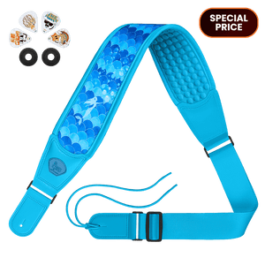Blue guitar strap with accessories on a green background mermaids CFG cable free guitar zero gravity strap for guitar and bass product picture 