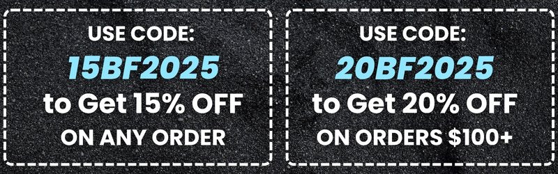 mobile 2025 black friday sale banner from CFG Cable Free Guitar showing discount codes: 15BF2025 for 15% off any order, and 20BF2025 for 20% off orders $100+ black background with bold white and blue text