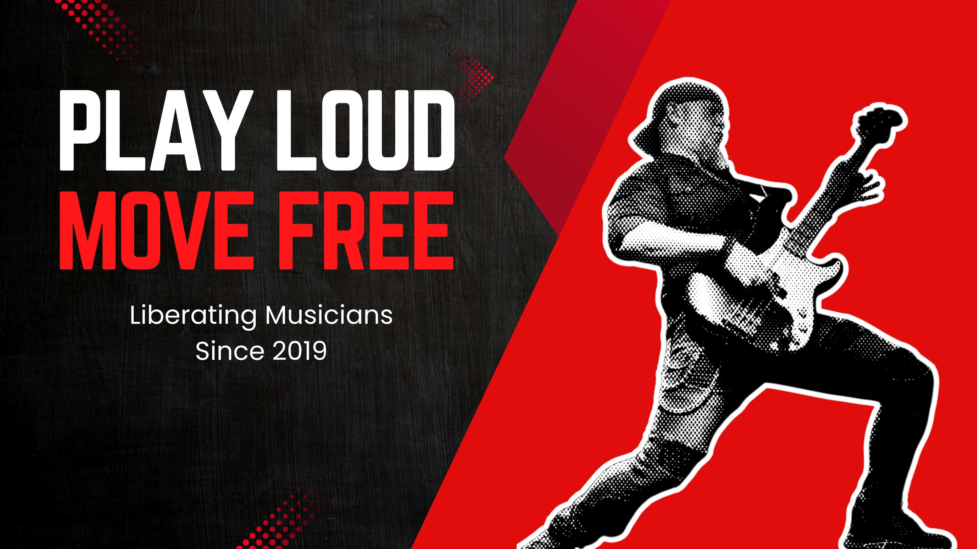bold black and red design. On the right, a dynamic, high-contrast illustration of a musician rocking out with an electric guitar, mid-leap, conveys energy and freedom. On the left, the text reads: “PLAY LOUD, MOVE FREE” in large white and red letters, followed by “Liberating Musicians Since 2019.” The image emphasizes the brand’s mission to give musicians freedom on stage with CFG Cable Free Guitar technology.