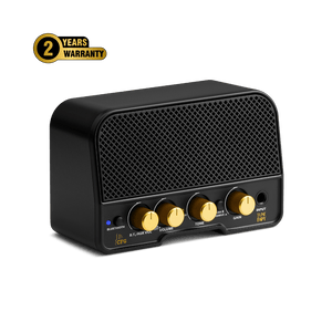 This is an image of a CFG Cable Free Guitar amplifier named TuneBoy. It's a compact, black guitar amp with a mesh front and four golden control knobs for Bluetooth, Drive, Volume, and Tone. There's also an Input Line, and the amp features a '2 Years Warranty' badge on the top left corner against a green background.